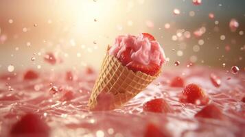 Strawberry ice cream cone in a splash of red. photo