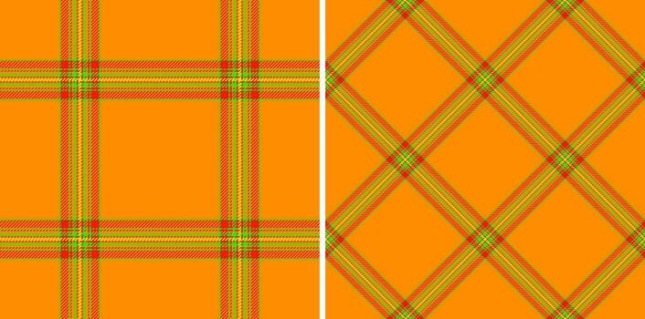 Vibrant orange plaid patterns, perfect for textile design, website backgrounds, or autumnthemed projects. Two distinct styles offer versatility classic checks and a dynamic diagonal weave. vector