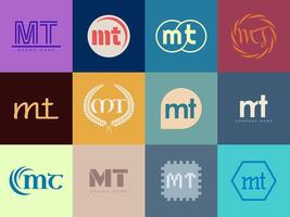 MT logo company template. Letter m and t logotype. Set different classic serif lettering and modern bold text with design elements. Initial font typography. vector
