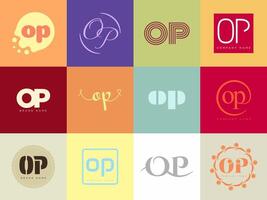 OP logo company template. Letter o and p logotype. Set different classic serif lettering and modern bold text with design elements. Initial font typography. vector
