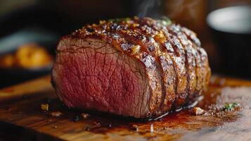 Perfectly roasted beef with crispy crust and rich color. photo
