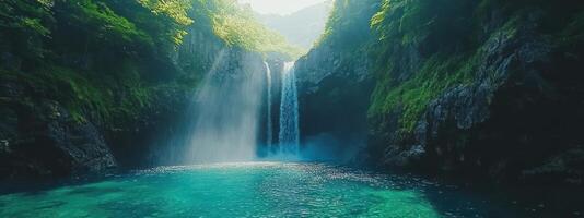 Lush waterfall cascading into a vibrant, turquoise pool. photo