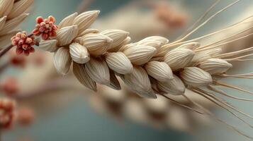 Close-up of wheat stalks and grains, showcasing texture and detail. photo