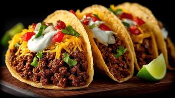 Delicious tacos with meat, cheese, and toppings. photo