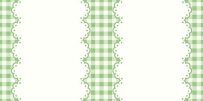 Seamless pattern with green gingham stripes and scalloped lace borders. Repeating traditional checkered textile design perfect for spring, Easter, fabric, wrapping paper, and vintage-style background vector