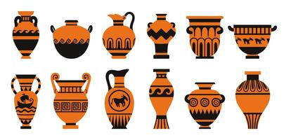 Set of ancient pottery illustrations inspired by Greek ceramics. Traditional terracotta vases, amphoras, and jugs with black decorative patterns. Isolated collection on white background. vector