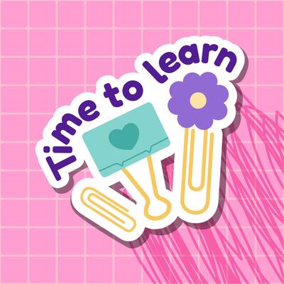 Kawaii school sticker illustration with binder clips, paper clips, and a purple flower on a pink grid background. Features the phrase Time to learn in bold letters, perfect for education content.