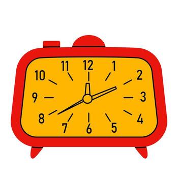retro término análogo alarma reloj con un rojo marco y amarillo. clásico redondeado rectangular forma con negrita negro números y manos. nostálgico 90s antiguo colegio reloj aislado en blanco antecedentes. vector