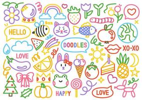 Doodle collection featuring animals, fruits, flowers, and cheerful elements like rainbows, stars, and hearts on a white background. Perfect for kids' projects, stationery, and creative designs. vector
