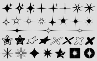 Set of retro y2k star and sparkle icons in black on gray background. Includes various shining symbols, bursts, glows, and abstract shapes perfect for stickers, badges, overlays, and graphic accents. vector