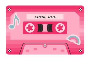 Pink retro cassette tape featuring a music note and a rainbow detail on gradient background. Nostalgic design inspired by 80s and 90s vibes, perfect for themes of music, and vintage aesthetics. vector