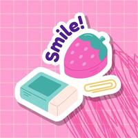 Kawaii school themed illustration with eraser, strawberry, and paperclip on a pink grid background. Features the word Smile in bold letters. Perfect for stationery, or education themes. vector