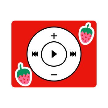 retro mp3 jugador con un circular controlar almohadilla, presentando jugar, pausa, rebobinar, y volumen botones. rojo cuerpo con linda fresa pegatinas nostálgico tecnología artilugio aislado en blanco antecedentes. vector