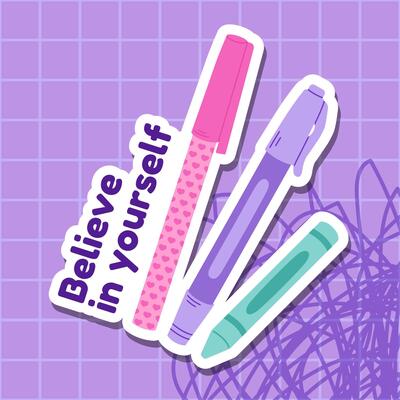 Kawaii school supplies sticker with pastel pens and motivational phrase Believe in yourself on a purple grid background. Perfect for back to school, student planners, notebooks, and inspiration.
