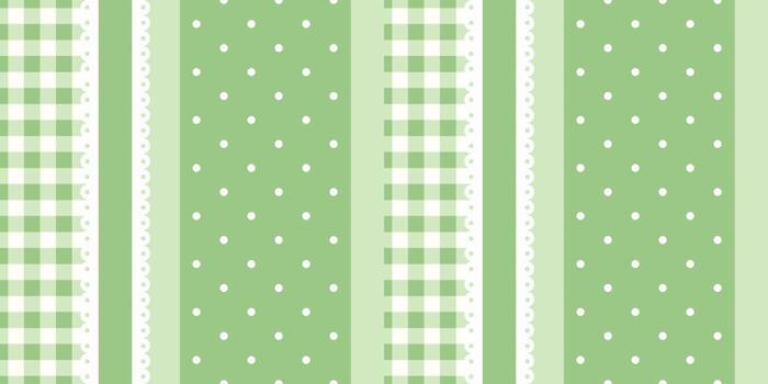 Seamless green gingham and polka dot pattern with soft pastel tones. Repeating checkered and dotted stripes create a classic, vintage fabric look. Ideal for spring, Easter, wrapping, or textile use. vector