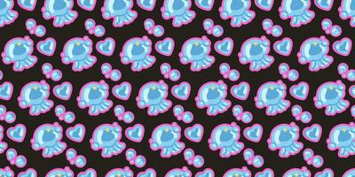 Seamless pattern featuring cute jellyfish, bubbles, hearts, and stars in pastel tones. Ideal for childrens products, fabric, stationery, or wrapping paper with an ocean or marine animal theme. vector