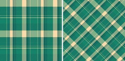 Two plaid textile patterns, classic and diagonal. Great for backgrounds, fabric designs, or any project needing a textured, traditional feel with green and beige tones. vector