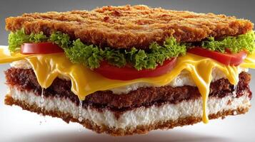 Levitating burger with cheese and lettuce, a delicious and unusual view. photo