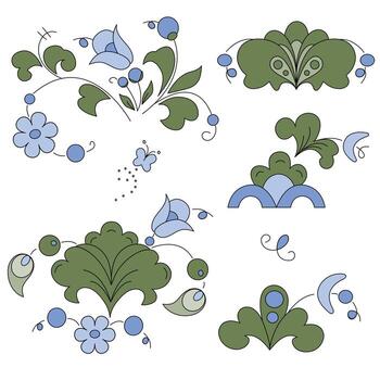A set of decorative patterns in folk style with green leaves and flowers on a white background. vector