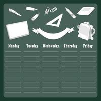 illustration of a school timetable, with school subjects in white on a green background. vector