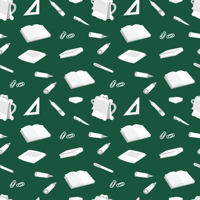 Seamless pattern of school subjects in white on a green background, back to school.
