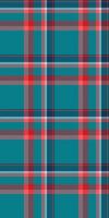 Cozy pattern fabric , blanket check seamless texture. Straight plaid tartan textile background in cyan and red colors. vector