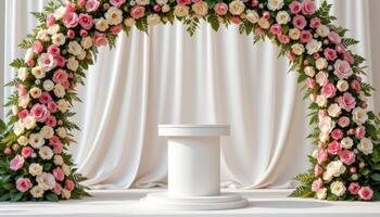 close up view of a podium set under a floral archway, featuring layers of blossoms cascading down the sides. photo