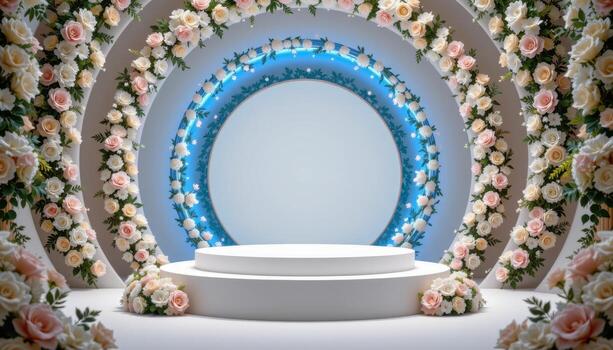 close up view of a podium encircled by circular floral structures in gradually shifting tones from blue to white. photo