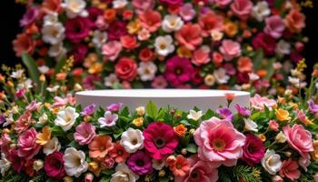 close up view of a podium placed on a platform with layered floral patterns created by overlapping real and artificial blooms. photo