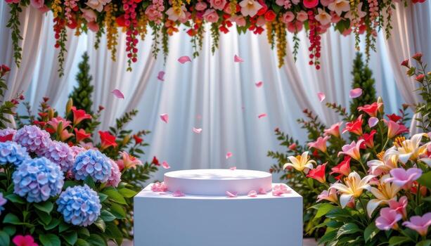close up view of a podium placed under a canopy of hydrangeas and lilies, with falling petals adding to the atmosphere. photo