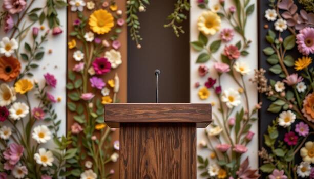 close up view of a podium standing in front of a backdrop covered in pressed flower panels and natural materials. photo