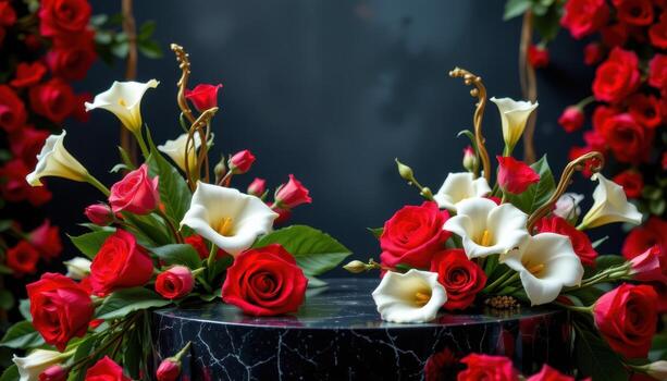 close up view of a black lacquer podium adorned with bold red roses and white calla lilies, framed by dim, moody lighting. photo