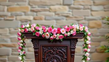 close up view of a carved mahogany podium decorated with garlands of jasmine and pink carnations, against a neutral stone wall background. photo