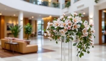 close up view of a transparent acrylic podium with delicate floral arrangements of cherry blossoms and eucalyptus leaves, standing quietly in an open atrium. photo