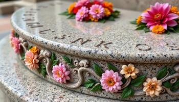 close up view of a podium sculpted from granite, with floral elements including dahlias and marigolds arranged in ornamental patterns. photo
