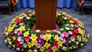 close up view of a podium surrounded by a circular floral arrangement at its base, featuring carnations, daffodils, and sweet peas. photo