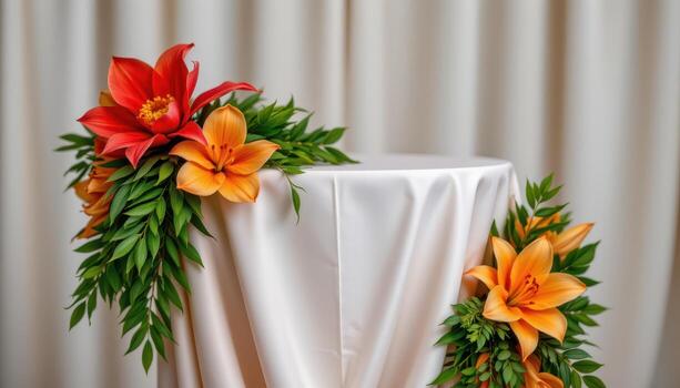 close up view of a podium wrapped in soft silk with bold proteas, orange lilies, and tropical greens arranged at the base and top corners. photo