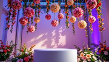 close up view of a podium placed beneath floral orbs suspended from the ceiling in organized cascading heights. photo