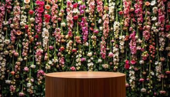 close up view of a podium backed by a wall of hanging single stem flowers creating a dreamy botanical backdrop. photo