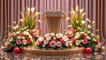 close up view of a podium standing on a mirrored platform reflecting floral centerpieces made of roses, calla lilies, and ornamental grass. photo