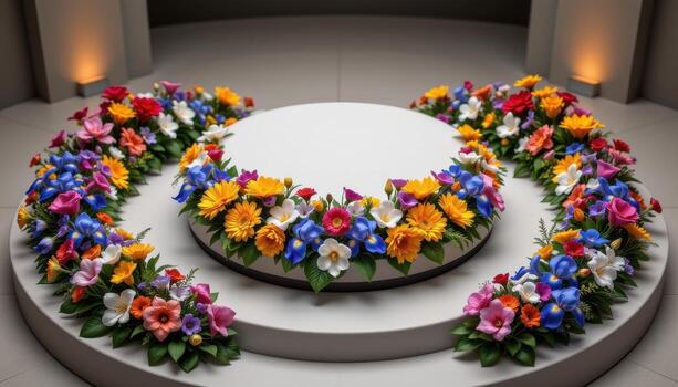 close up view of a podium on a circular platform with radial arrangements of chrysanthemums and iris blossoms. photo