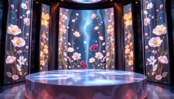 close up view of a podium with transparent floral inlays glowing softly from within the podium structure. photo