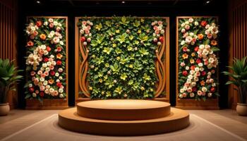 close up view of a podium backed by floral grids set into wooden panels with matching floor runners. photo