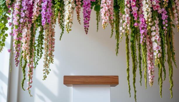 close up view of a podium surrounded by hanging floral installations featuring wisteria, orchids, and moss strands swaying in still air. photo