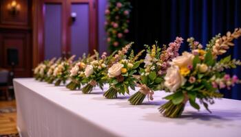 close up view of a podium on a stage with rows of symmetrically arranged floral bundles in earthy tones and greens. photo