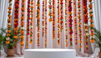 close up view of a podium beneath hanging flower garlands made of carnations and marigolds, forming a curtain of blooms. photo