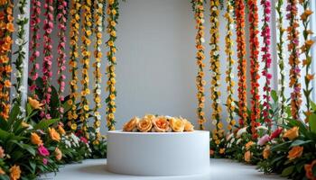 close up view of a podium framed by vertical hanging strands of floral garlands arranged by tone from warm to cool shades. photo