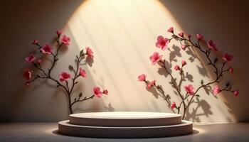 close up view of a podium lit from below, casting floral shadow patterns on walls from nearby blossoms. photo