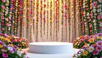 close up view of a podium framed by rows of vertical flower lines extending upward to create a natural screen. photo