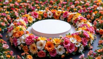 close up view of a podium standing in the center of a floating flower ring made of tightly bound seasonal blooms. photo
